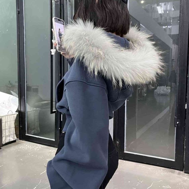 藏蓝毛领短款拉链连帽卫衣秋冬季设计感衣开衫外套女|undefined