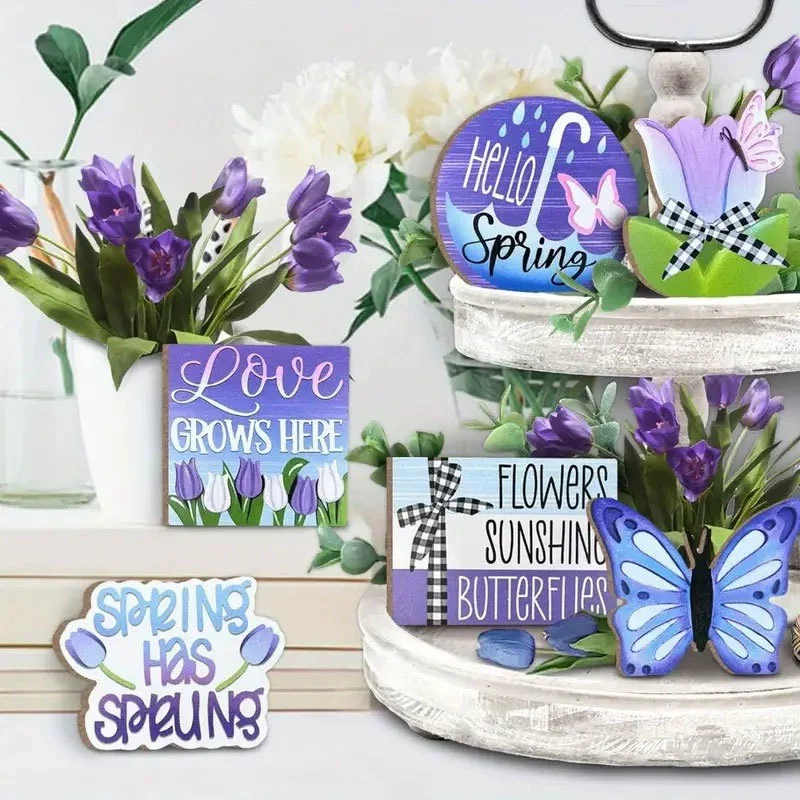 Трансграничный новый фиолетовый тюльпан цветок бабочка логотип 6 предметов набор многослойных поддонов деревянный декоративный реквизит