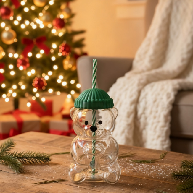 Amazon Glass Bear Cup with Lid Straw Cup Christmas Hooded Teddy Bear Cold Drink Cup Milk Coffee Cup