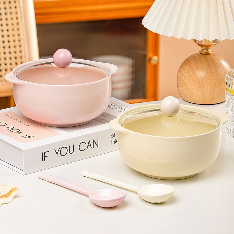 Ceramic Double-Eared Anti-Scalding Instant Noodle Bowl with Lid and Spoon, Cream-Colored, Cute, Solid Color, Underglaze Color, Large Capacity, Premium Wholesale