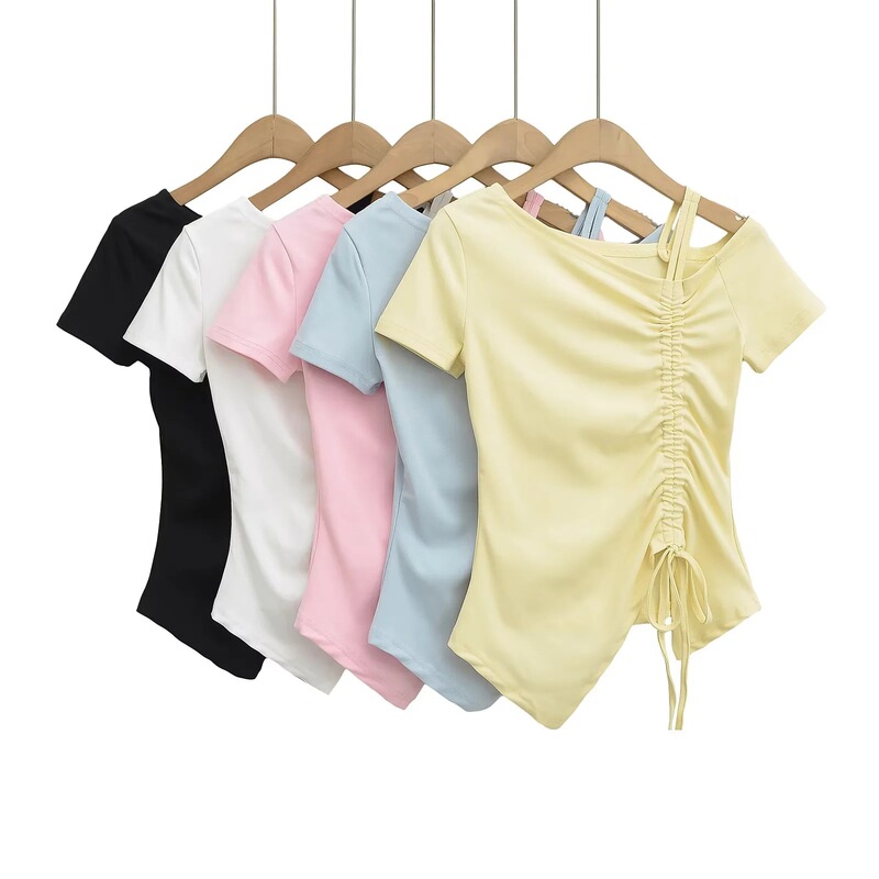 Pure Desire Off-Shoulder Drawstring Short Sleeve T-Shirt for Women Summer 2025 New Hot Girl Irregular Collarbone Asymmetrical Short Top