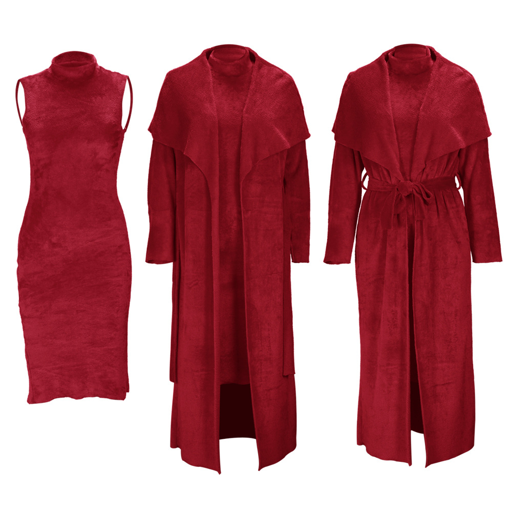Completo due pezzi donna vestito in velluto e cardigan lungo_voghion.com