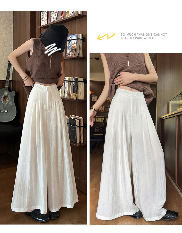 Quần tây nữ vải lanh cạp cao ống rộng mùa hè — Xanh lông mòng đen chi tiết 24