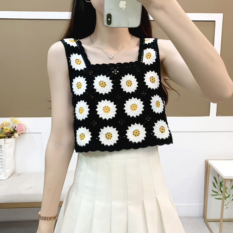 2025 Summer New Vintage Ethnic Style Chrysanthemum Knitted Crochet Hollow Out Strap Loose Versatile Tank Top for Women