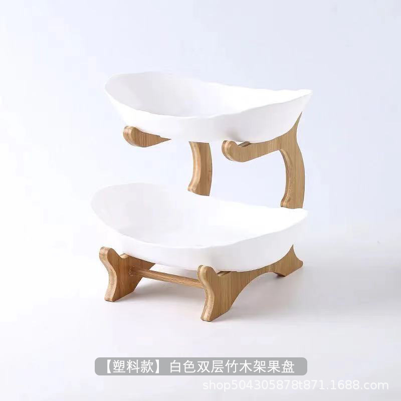 Plato de frutas y verduras de varias capas, marco de bambú y madera, cerámica, bocadillos creativos de doble capa, plato de bocadillos, sala de estar doméstica, almacenamiento seco