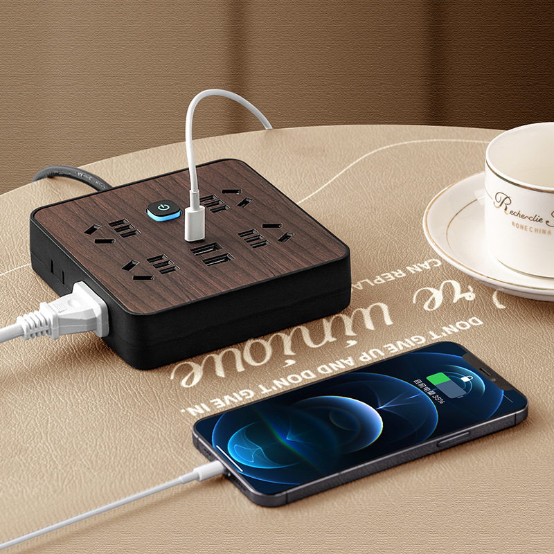 Wood grain socket multi-function long cable plug with USB charging panel Office Home portable converter plug