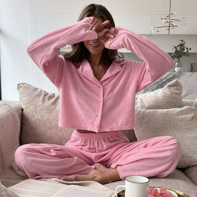 European and American Autumn and Winter New Long-Sleeved Trousers Pajamas for Women Loose and Comfortable Terry Cloth Cross-Border Women's Home Clothes Wholesale European and American Autumn and Winter New Long-Sleeved Trousers Pajamas for Women Loose and Comfortable Terry Cloth Cross-Border Women's Home Clothes Wholesale