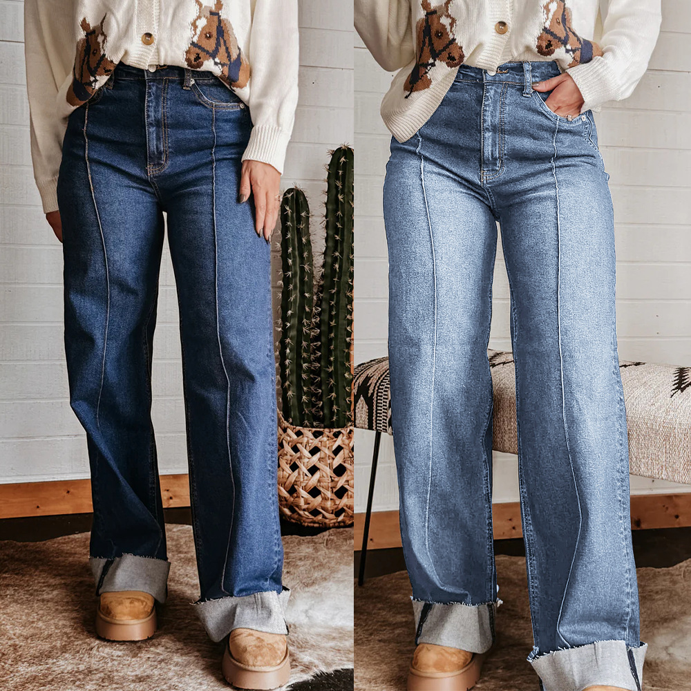 Jeans de Tiro Alto y Pierna Ancha para Mujer de Mezclilla de Algodón y Poliéster, Diseño Retro, Microelástico