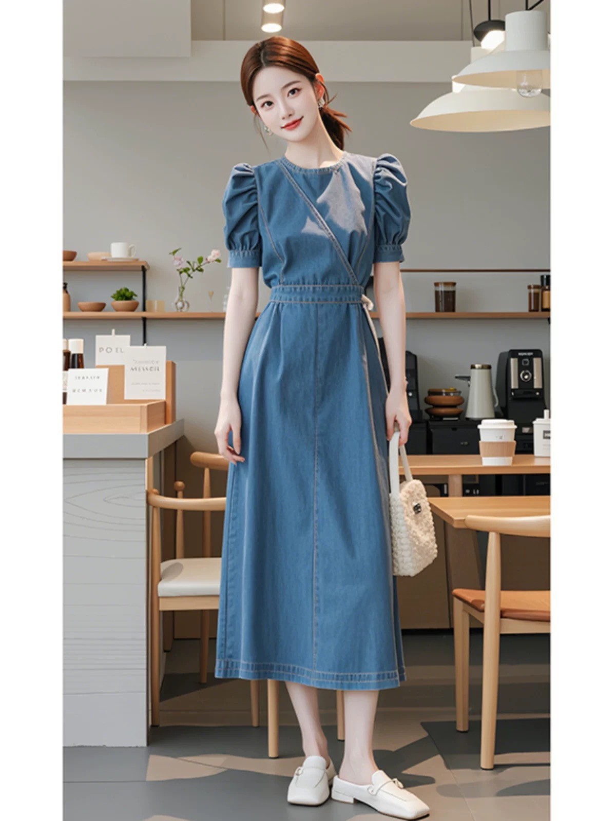 Váy denim xanh dáng maxi thắt eo phong cách Hàn Quốc mùa hè — Màu xanh lam
