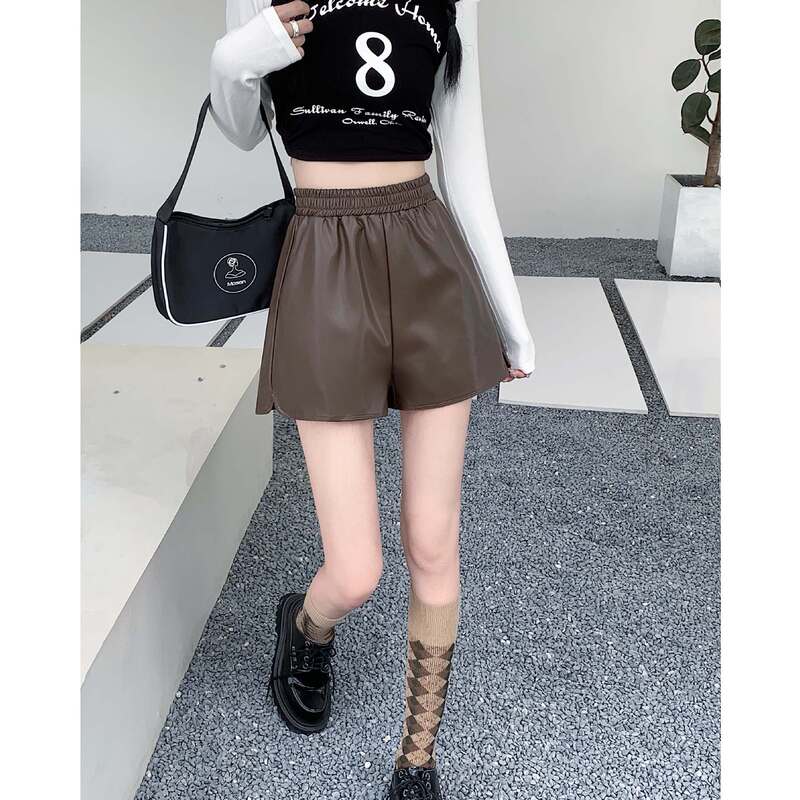 Elastic Waist Super Soft Pu Leather Shorts 2025 Autum New High Waist Wide Leg Loose Hip-Covering Brown Shorts Boot Pants