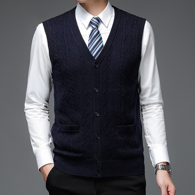 Collarless Single-breasted Non-hooded Fit Wool Ordinary Daily navy blue Solid Color in stock Men's Sweater Vest