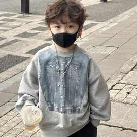 男童痞帅牛仔印花卫衣2026春秋新款童装宽松时尚潮流百搭圆领上衣