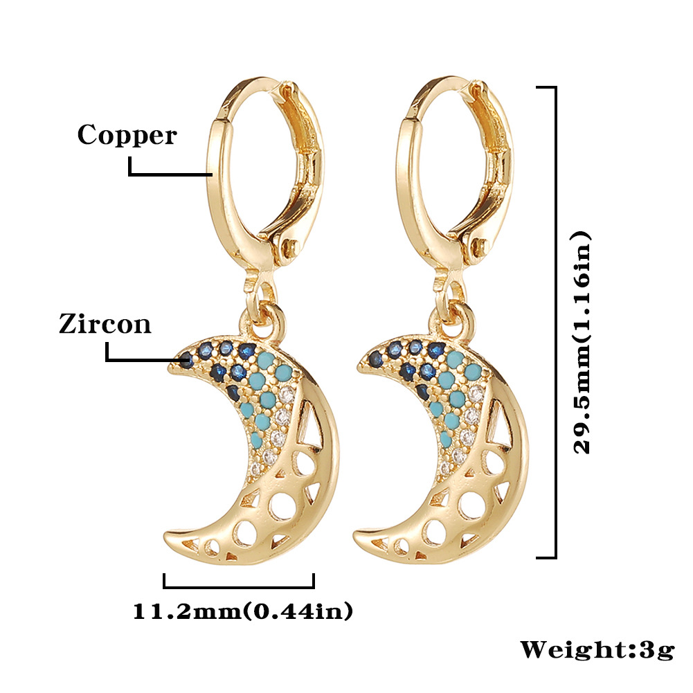 Fashion Devil's Eye Moon Fish Bone Copper Drop Earrings Inlay Zircon Copper Earrings display picture 19
