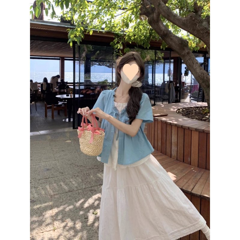 甜美花边拼接木耳边系带假两件短袖衬衫女夏季新款半身裙甜美风|undefined