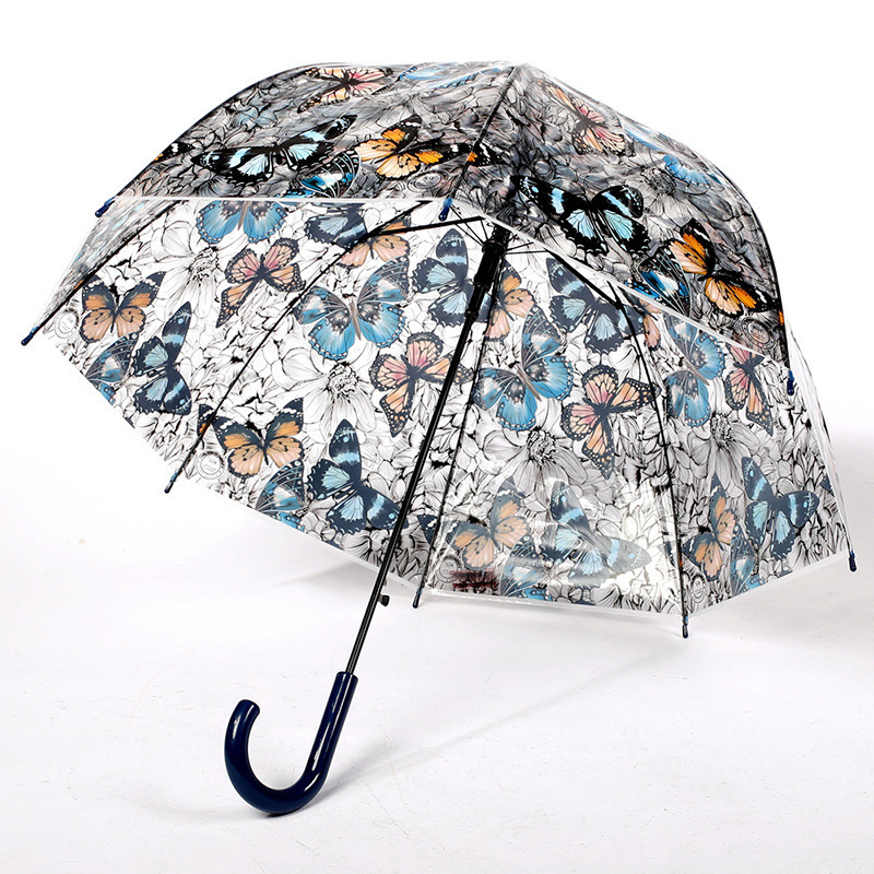 Arched Vintage Transparent Umbrella Women Butterfly Printed Mushroom Umbrella Curved Handle Long Handle Umbrella Semi-automatic Straight Umbrella for Female Students