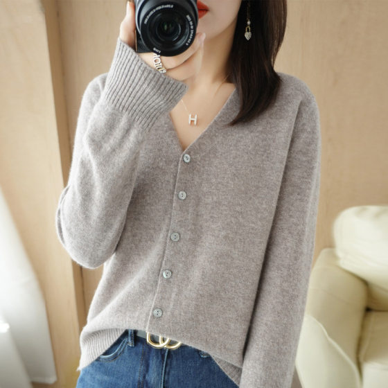 Knitted Knitwear T-Shirt Pure Color Cardigan New Fresh Style Bottoming Shirt Casual Women's Top V-Neck Clothes Factory Direct Sale