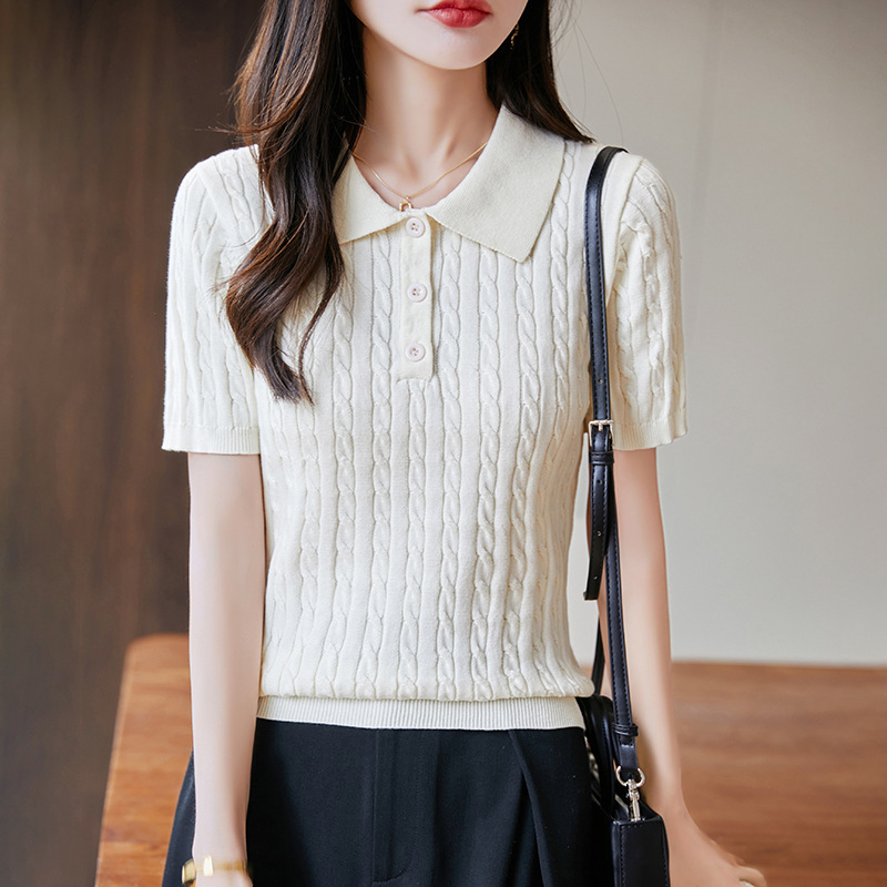 2025 Summer New Pure Cotton Polo Collar Knitwear Short-Sleeved Women's Pure Color Twisted Slim Slimming Look Bottoming Shirt