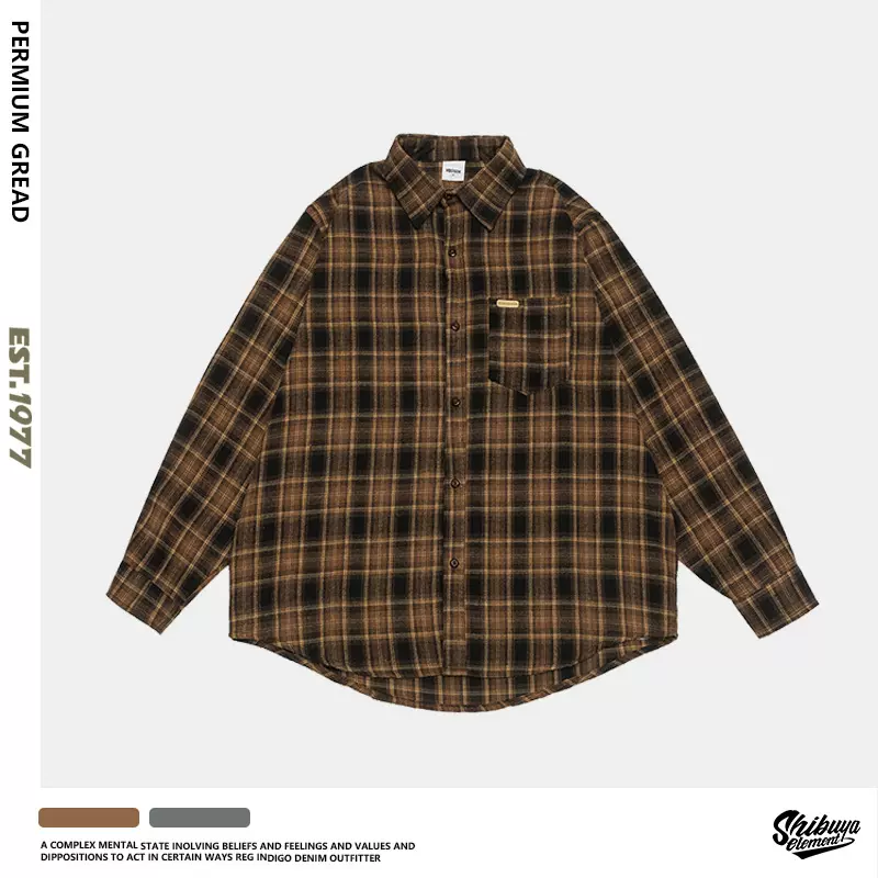 美式街头复古格纹衬衫外套男士秋季宽松落肩袖翻领夹克