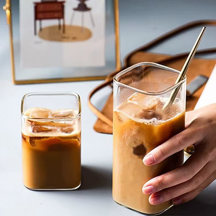 メーカーカスタマイズされた高ホウケイ酸ガラス耐熱コーヒーカップ飲料カップお茶冷たい飲み物高価値インターネットセレブスクエアカップ|undefined