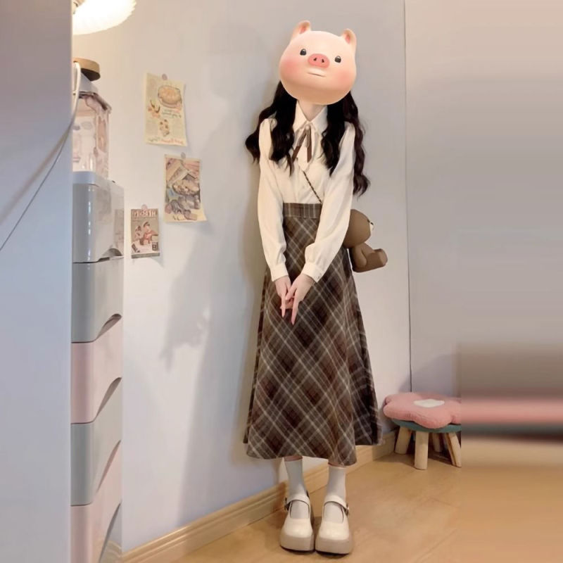 韩系长袖连衣裙子秋冬季新款女装小个子甜美格子半身裙衬衫套装女|undefined