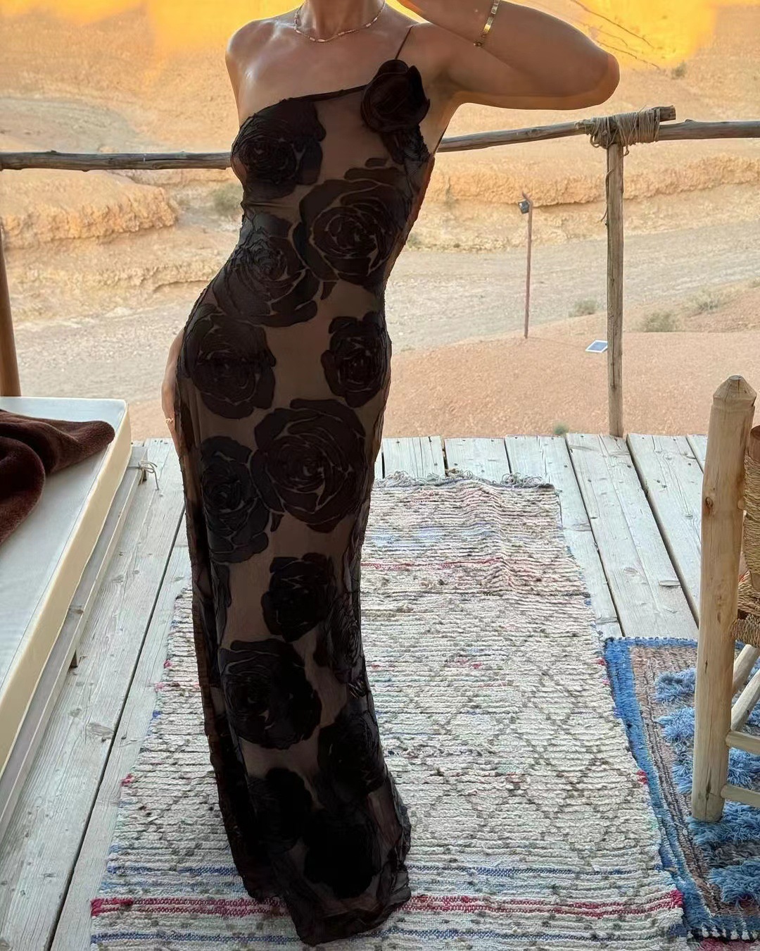 Noir Rose Maxi Dress with Floral Design