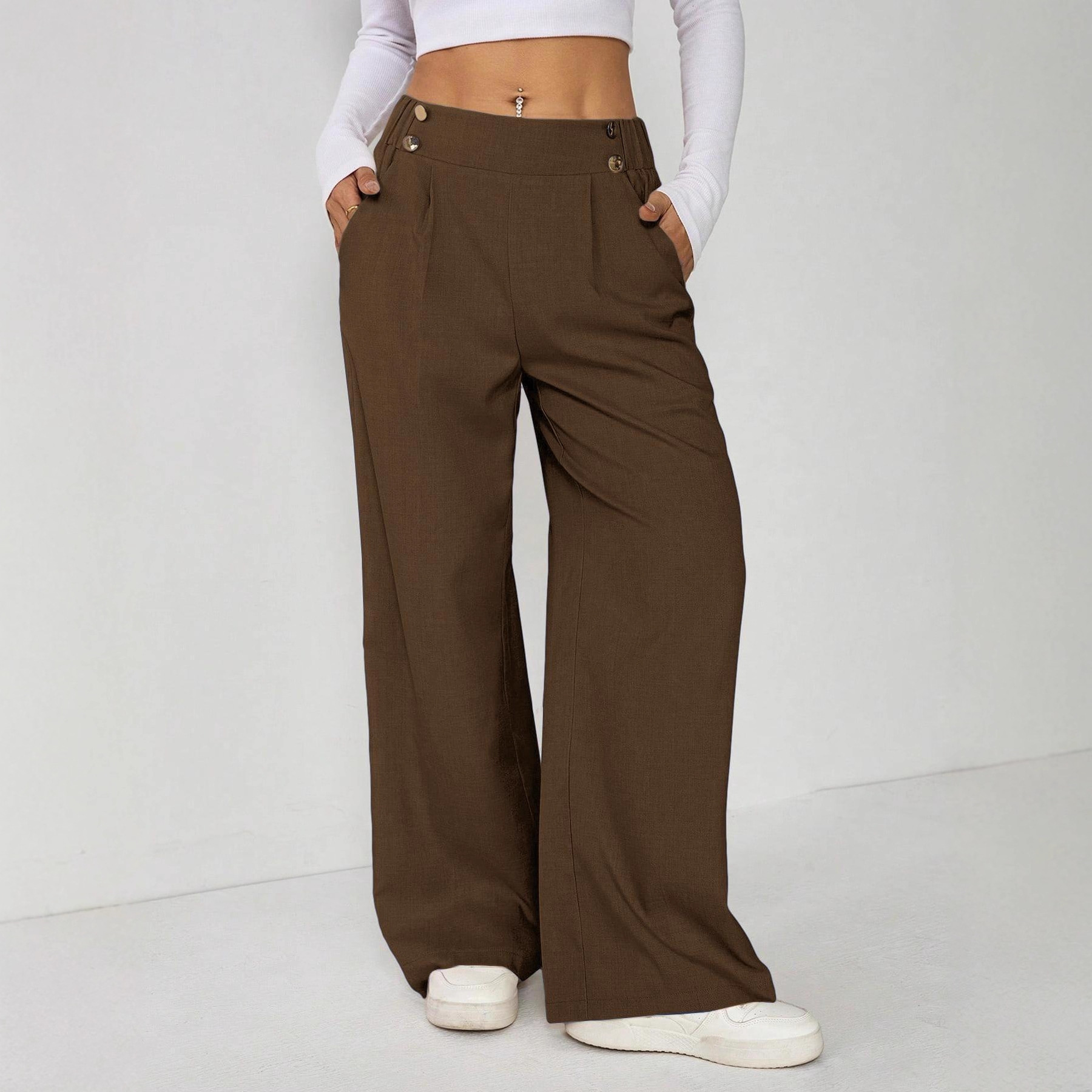 Women's Wide Leg Straight Leg Trousers Casual Fashion European American Style Button Decoration Commuting Pants_ecoleips.com