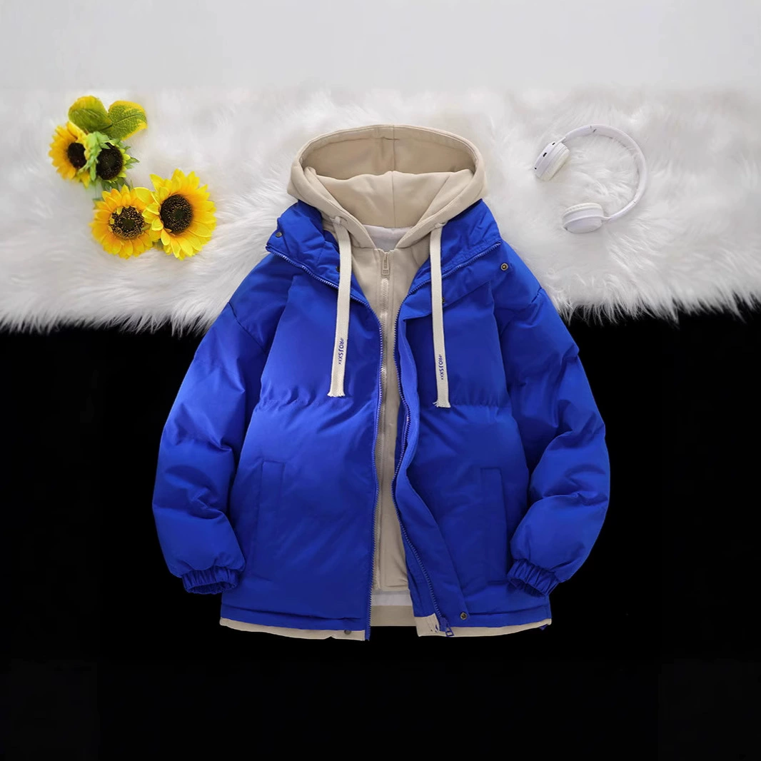 2024 зимние мужские поддельные две части пальто корейская версия с капюшоном толстый хлопок хлебопекарная одежда спортивная повседневная хлопковая куртка оптом