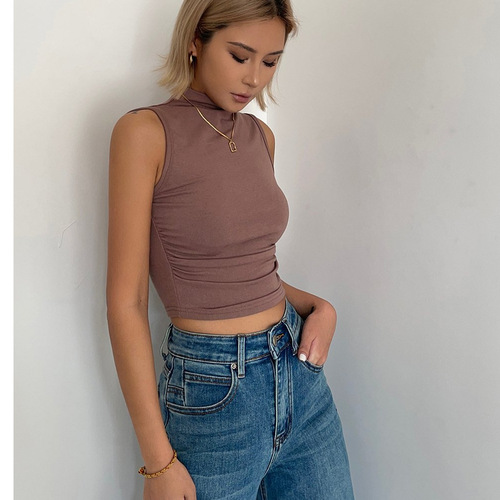 Summer new hot girl vest half high collar sleeveless slim waist sexy pleated slimming base T-shirt top trend