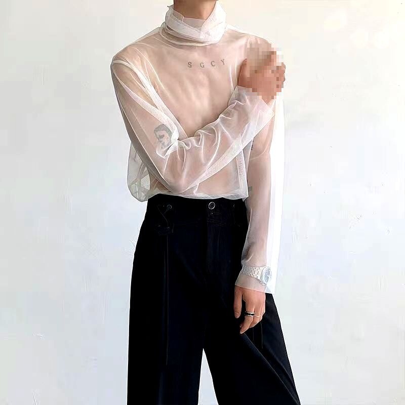 Korean-style cloud gauze net popular pile collar perspective long sleeve sunscreen T-shirt handsome mesh high collar base shirt trendy