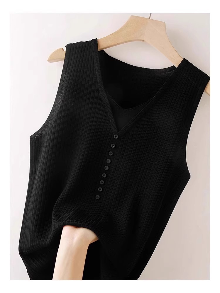 Áo hai dây dệt kim giả hai mảnh lụa băng nữ, mặc trong áo sơ mi hoặc blazer, không tay — Màu đen chi tiết 6