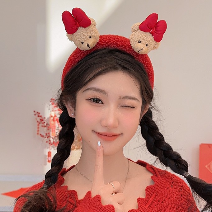 新款韓式網紅髮飾新年喜慶紅色蝴蝶結小熊發箍可愛少女心卡通頭箍