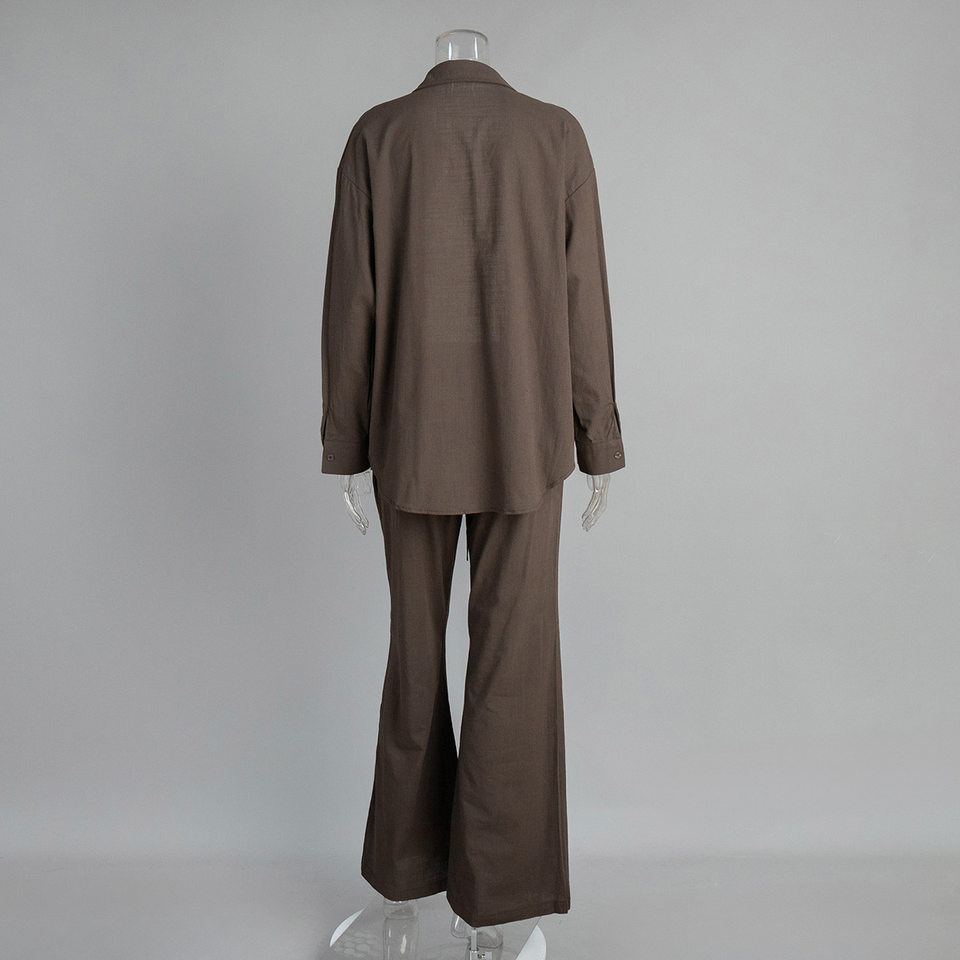 Bộ sơ mi dài tay cổ bẻ phối quần ống rộng dáng suông chất cotton — Màu cà phê, Màu cà phê nhạt, Màu kaki, Màu mơ chi tiết 10