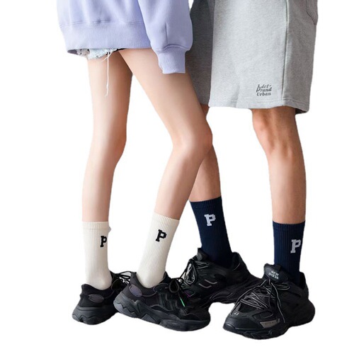 Spring and summer AB trendy socks for men and women letter P college style sports socks ins Japanese combed cotton mid-tube couple socks