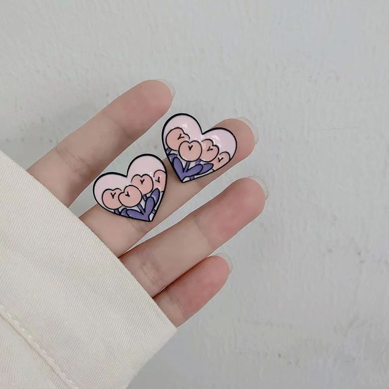 1 Pair Cute Heart Shape Flower Metal Enamel Women's Ear Studs display picture 1