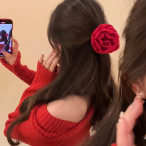 Caro同款法式蕾丝显白红色玫瑰花发夹甜美立体花朵抓夹发饰