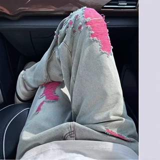 潮牌高端破洞牛仔裤男款美式高街做旧潮流宽松直筒休闲百搭长裤子