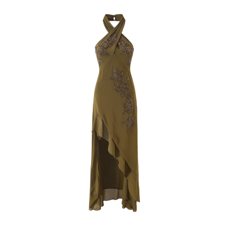 Heavy beaded embroidery halter neck dress with ruffled irregular hem, slim fit, backless, ultra-long formal gown