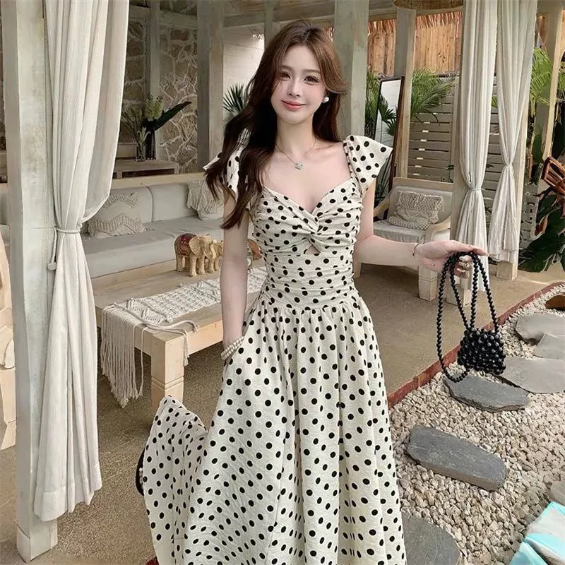 Высококачественное французское платье в горошек для полных девушек больших размеров, женская летняя новая длинная юбка с плиссированной талией, утягивающая фигуру