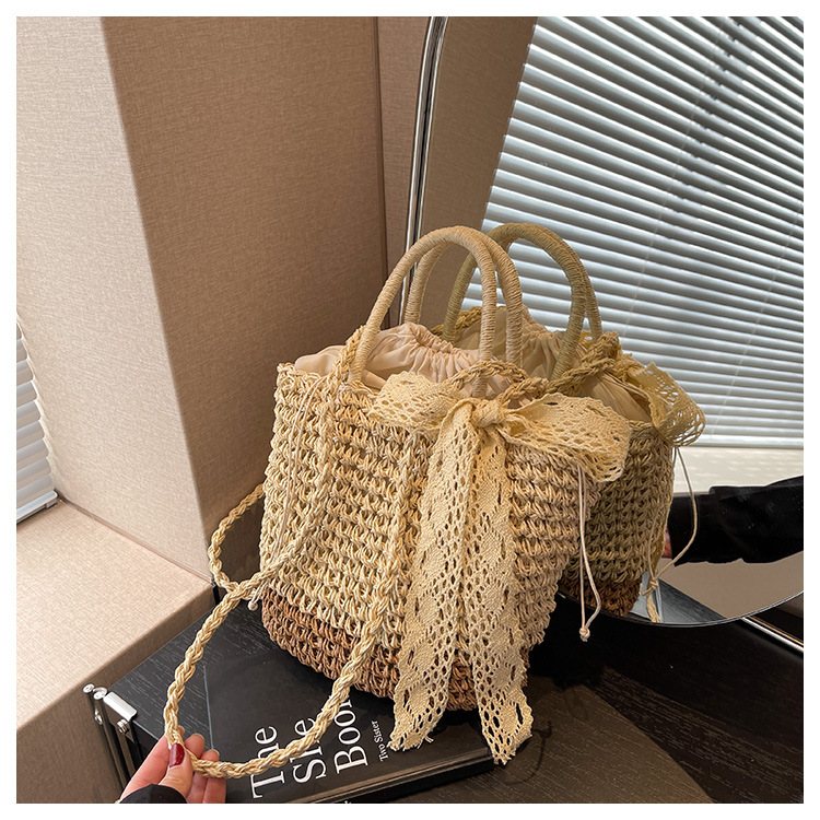 Women's Straw Shoulder Bag With Silk Scarf For Holiday Beach_voghion.com