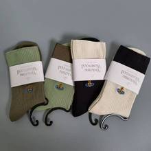 新品日本西太后土星拼色双针坑条袜子刺绣休闲女士中筒堆堆袜批发