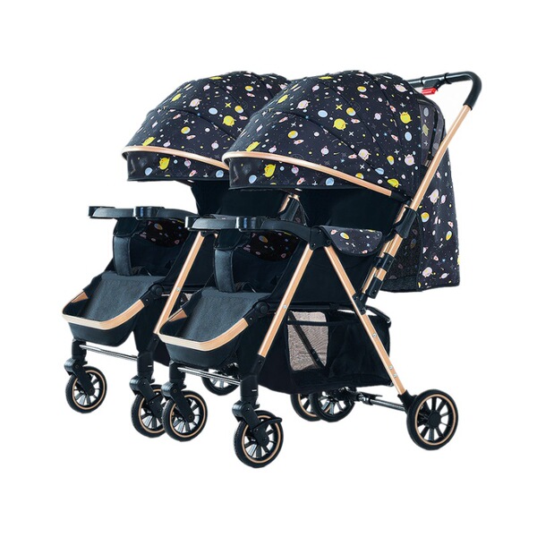 Foldable children's rubber stroller for twins on four wheels