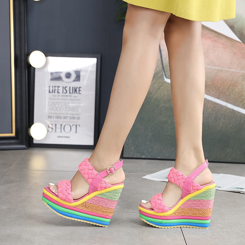 New 2026 Foreign Trade Wholesale Ultra-High Heel Cross-Border Sandals Rainbow Straw Platform Candy-Colored Wedge Large Size Women's Shoes New 2026 Foreign Trade Wholesale Ultra-High Heel Cross-Border Sandals Rainbow Straw Platform Candy-Colored Wedge Large Size Women's Shoes