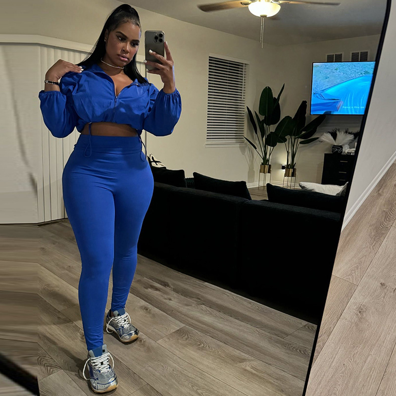 Women's High Waist Drawstring Navel Baring Tops And Tight Pants Set European American Style Spring Autumn Sexy Outfit_ecoleips.com