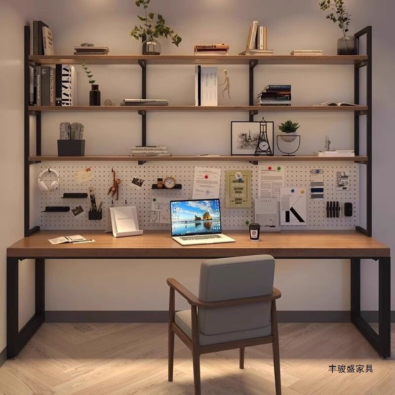 Fengjunsheng Solid Wood Desk and Bookshelf Multifunctional Integrated Combination Student Study Room Pegboard Writing Desk for Home Office Use