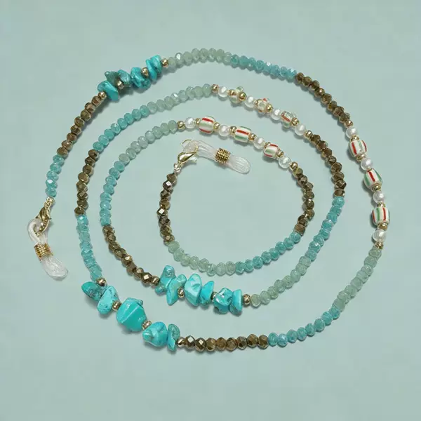Turquoise Handmade Glasses Chain with Pearls and Crystals, Anti-Slip, Multifunctional Neck Strap, Fashionable