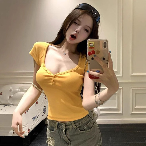 Seductive spicy girl pure desire body-shaping slimming low-cut base short sleeve T-shirt women summer revealing collarbone fashion top women's T fashion