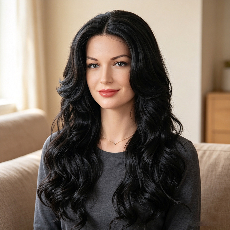 13×4 lace wig for women, black long wavy hair, European and American style loose water wave synthetic fiber wig wholesale 13×4 lace wig for women, black long wavy hair, European and American style loose water wave synthetic fiber wig wholesale
