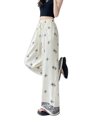 Ice Silk Cotton Linen Wide Leg Pants for Women Summer 2025 Thin Lengthened Print Linen Draped Drawstring Casual Pants