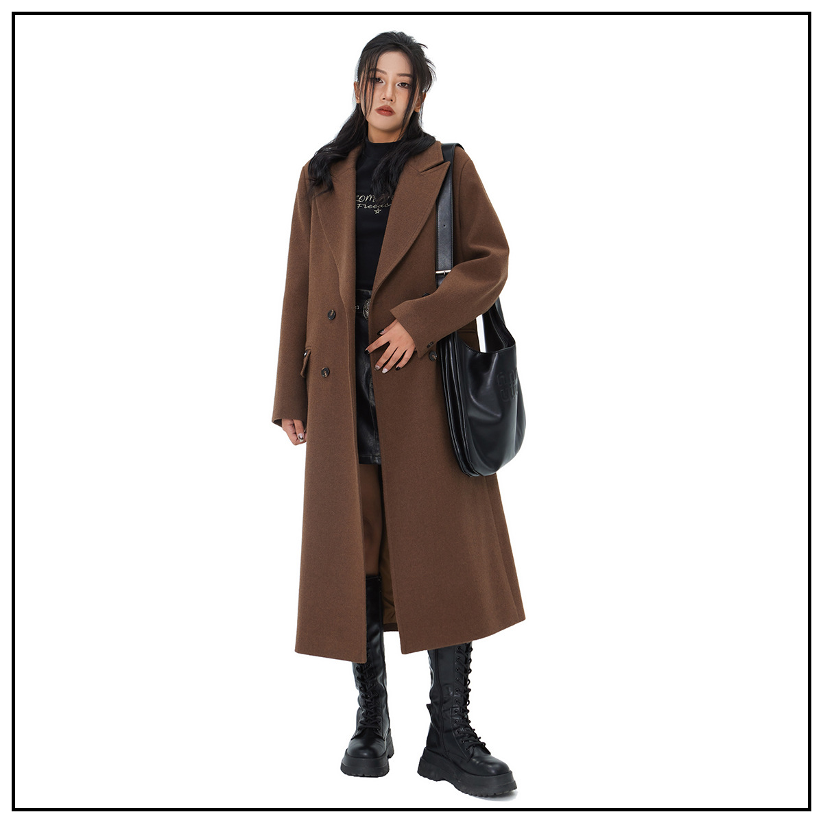 冬季日韩休闲风毛呢大衣女连帽高级氛围感双排扣长款厚款西装外套