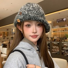纽扣针织渔夫帽女秋冬季韩版百搭显脸小包头帽大头围保暖毛线帽子